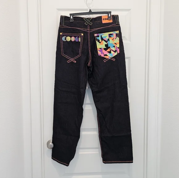 COOGI Black Jeans with Multicolor Geometric Design, EUC, Size W 34, L 34